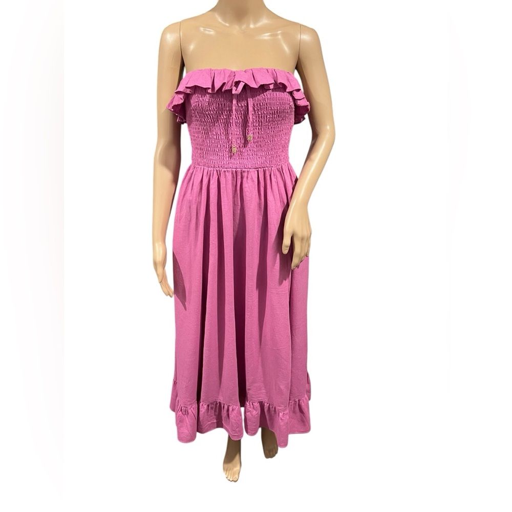 NWOT FREE PEOPLE Dress Womens Lush Life Linen Strapless Midi Opera Mauve Size S